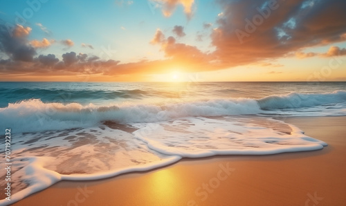 Colorful sunrise over ocean. Mesmerizing golden sunset on tropical summer beach with soft sand and crystal clear ocean waves. Copy space of summer vacation and holiday business travel concept. © pijav4uk