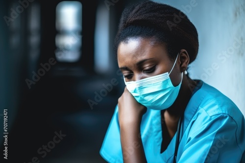 Tired depressed african american female nurse in face mask, blue uniform sits on hospital floor. Sad doctor feels stress of corona virus frontline protection pray at work