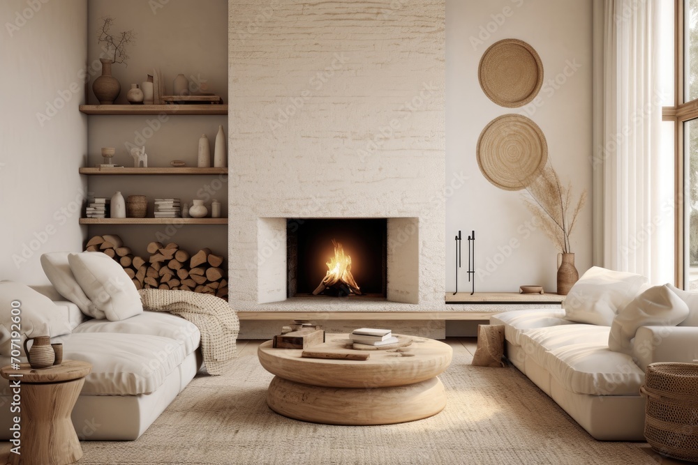 Fototapeta premium Cozy Living Room With Furniture and Fireplace. Scandinavian home interior design of modern living home.
