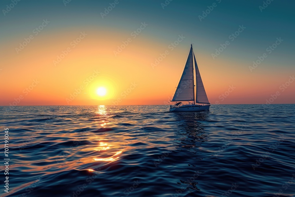 Lone sailboat navigating the vast open sea at sunrise