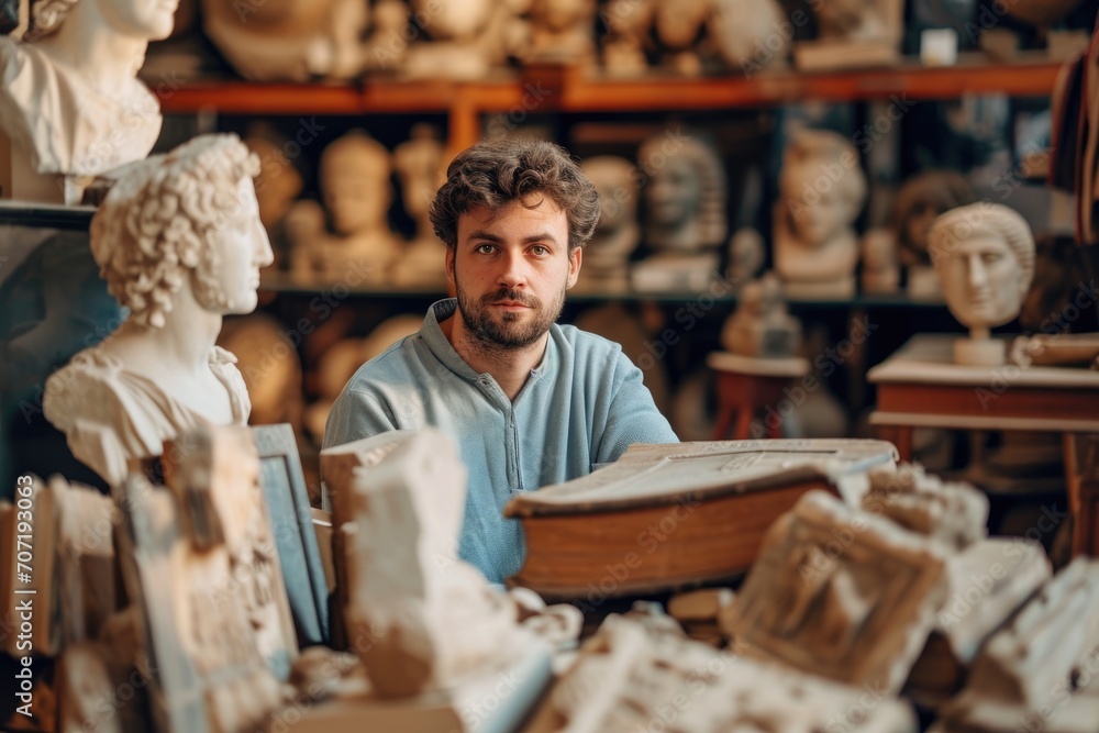 Knowledgeable historian with ancient artifacts, in a classical museum background. - obrazy, fototapety, plakaty 