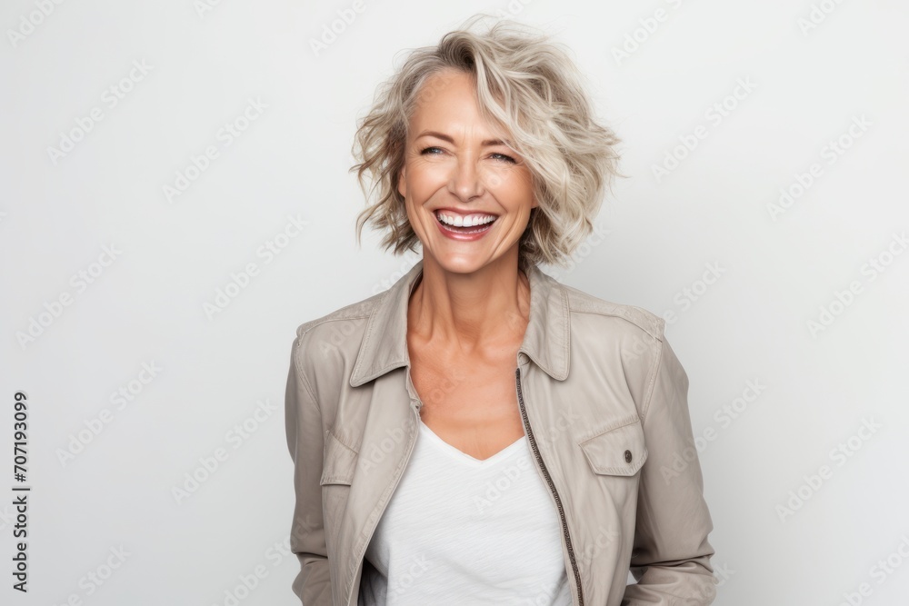 Portrait of a happy mature woman laughing while standing against grey background Portrait of a happy mature woman laughing while standing against grey background
