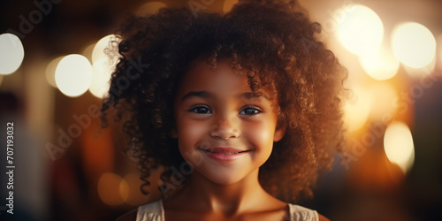 Portrait of a cute curly african american girl smiling at the camera. High quality photo