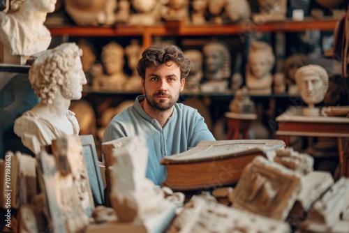 Knowledgeable historian with ancient artifacts, in a classical museum background. photo