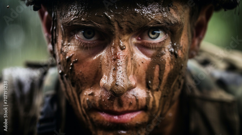 close up of man's dirty face in mud. photo