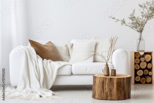 White Couch Next to Wooden Table in Simple, Minimalist Living Room Decor. Scandinavian home interior design of modern living home.