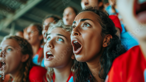 Exciting European Soccer Tournament Moment - Close-up of Tense Female Fans in Team Jerseys, Passionate Sports Supporters, Intense Football Match Experience, Group of Women Watching Big Game