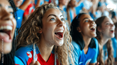 Exciting European Soccer Tournament Moment - Close-up of Tense Female Fans in Team Jerseys, Passionate Sports Supporters, Intense Football Match Experience, Group of Women Watching Big Game © Michael
