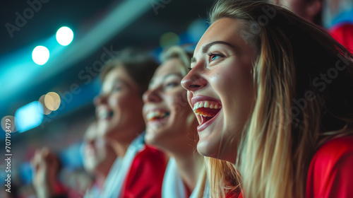 Close-up of Young English Polish Women Soccer Supporters Cheering in Stadium with Red and White Face Paint During European Football Tournament © Michael