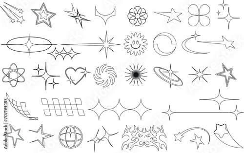 Y2K inspired, versatile vector icons collection. Features minimalist line art of celestial elements like stars, hearts, flowers. Editable, retro-style, aesthetic design elements, Geometric shapes
