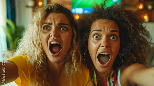 Excited Latina and Hispanic Women Enjoying European Soccer Match on TV - Passionate South American Soccer Fans, Intense Joy and Celebration, Close-Up View of Enthusiastic Supporters Watching Big Tourn © Michael