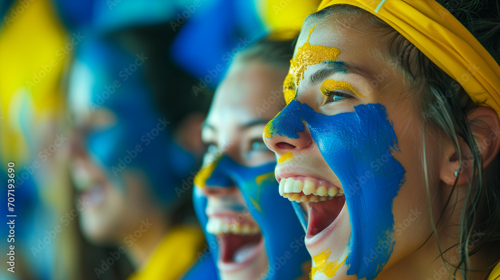 Obraz na płótnie Exciting Moment at European Football Tournament: Young Swedish Women Fans with Face Paint Cheering in Stadium, Enthusiastic Soccer Supporters, Patriotic Sports Event, Europe's Passion for Football w salonie