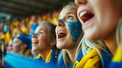 Exciting Moment at European Football Tournament: Young Swedish Women Fans with Face Paint Cheering in Stadium, Enthusiastic Soccer Supporters, Patriotic Sports Event, Europe's Passion for Football © Michael