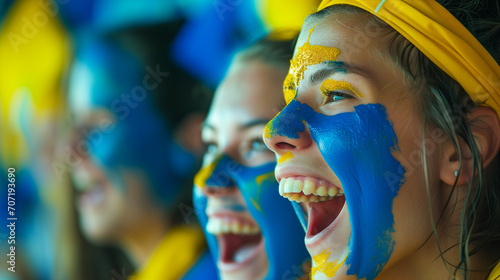 Exciting Moment at European Football Tournament: Young Swedish Women Fans with Face Paint Cheering in Stadium, Enthusiastic Soccer Supporters, Patriotic Sports Event, Europe's Passion for Football