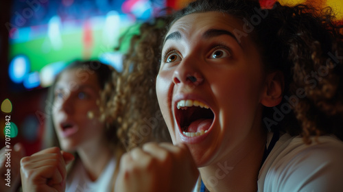 Excited Young English Women Watching European Soccer Tournament on TV, Euphoric Football Fans Celebrating Victory, Intense Sports Enjoyment, Female Soccer Supporters in Front of Television Screen photo