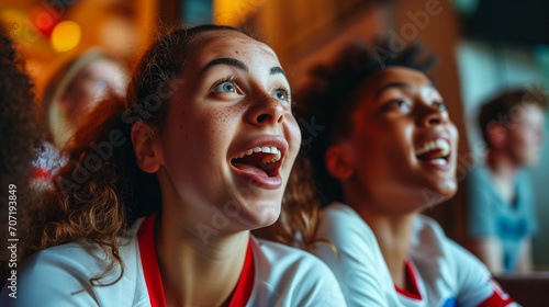 Excited Young English Women Watching European Soccer Tournament on TV, Euphoric Football Fans Celebrating Victory, Intense Sports Enjoyment, Female Soccer Supporters in Front of Television Screen