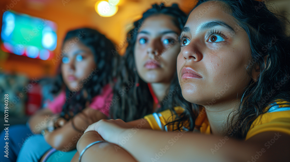 Excited Young Female Soccer Fans in Jerseys Watching Tournament on TV: Close-Up of Hopeful Expressions and Anticipation, Living Room Couch Setting Excited Young Female Soccer Fans in Jerseys Watching Tournament on TV: Close-Up of Hopeful Expressions and Anticipation, Living Room Couch Setting