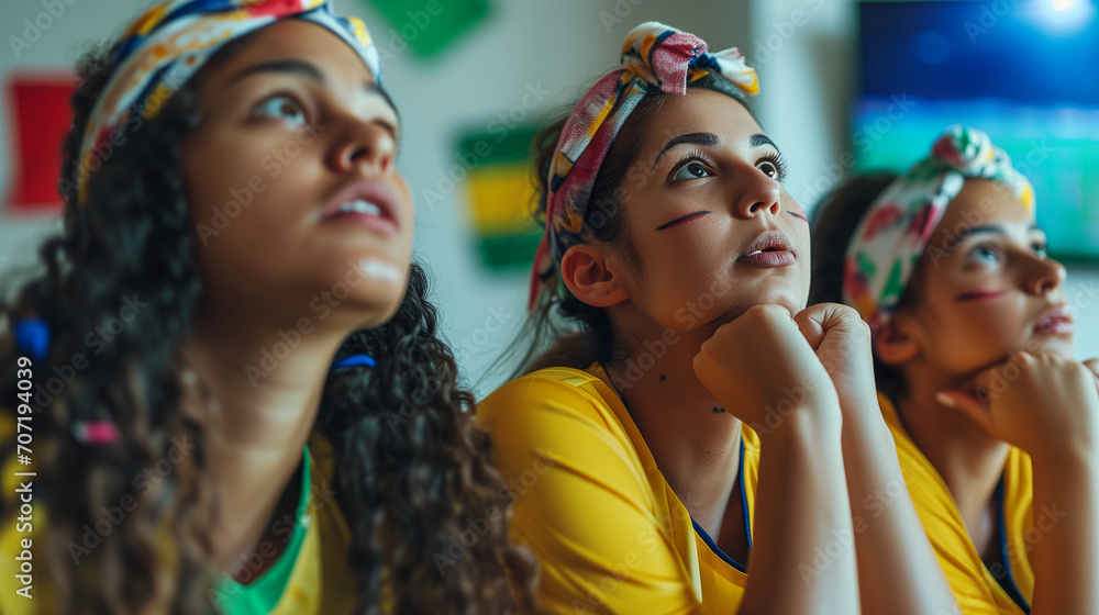 Intense Emotions of Young Latina Latin American South American Hispanic Women Soccer Supporters Watching European Tournament Match on TV, Close-up of Anticipation and Hope in Football Fans