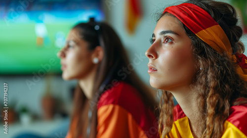 Excited Young Spanish Women Watching European Soccer Tournament on TV, Intense Anticipation and Support, Close-Up of Emotional Football Fans