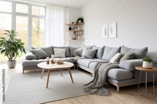 Spacious Living Room With Abundant Furniture and Expansive Window. Scandinavian home interior design of modern living home. © pham