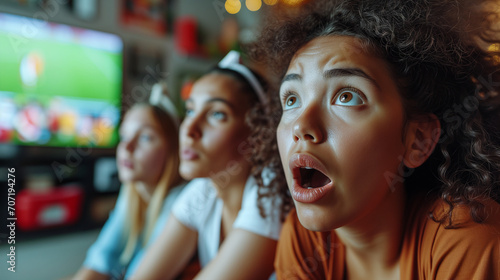 Excited Young Female Soccer Fans in Jerseys Watching Tournament on TV: Close-Up of Hopeful Expressions and Anticipation, Living Room Couch Setting