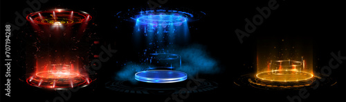 Futuristic portals, magic hologram teleport with square podium. Red, blue , yellow lightning power texture, teleport frame to fantasy world. photo