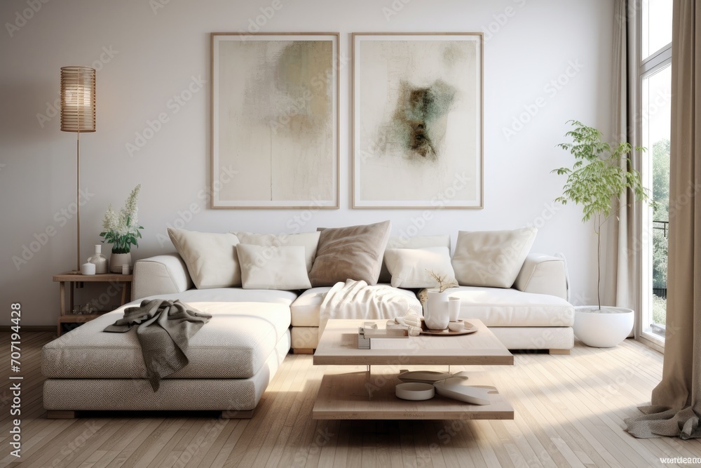 Fototapeta premium A Living Room With Furniture and a Large Window. Scandinavian home interior design of modern living home.
