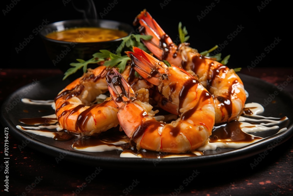 Tiger prawns with sauce on black background Tiger prawns with sauce on black background