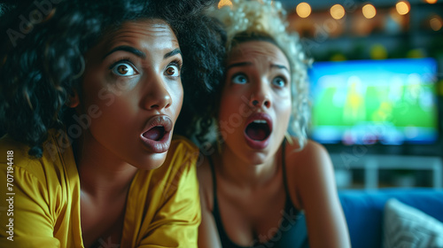 Intense Emotion in Young Female Soccer Fans Watching European Tournament Match on TV - Close-Up of Expressive Faces and Eyes, Tense Atmosphere, Nail-Biting Excitement in Front of Television