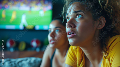 Excited Young Female Soccer Fans in Jerseys Watching Tournament on TV: Close-Up of Hopeful Expressions and Anticipation, Living Room Couch Setting