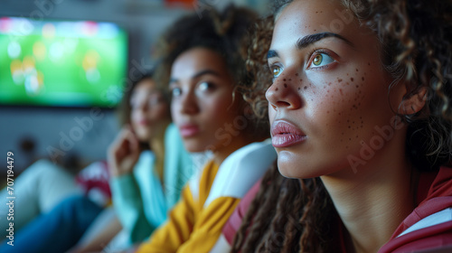 Excited Young Female Soccer Fans in Jerseys Watching Tournament on TV: Close-Up of Hopeful Expressions and Anticipation, Living Room Couch Setting