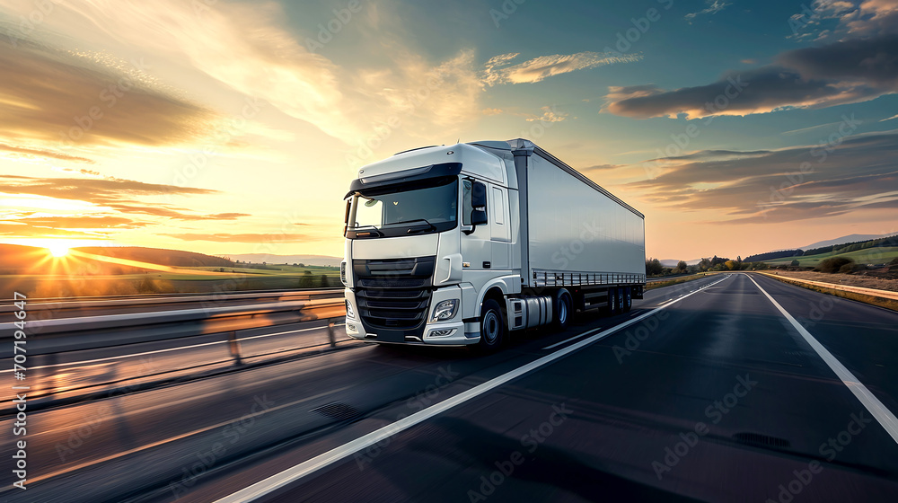 Commercial Truck on Highway at Sunset Logistics and Transportation Concept