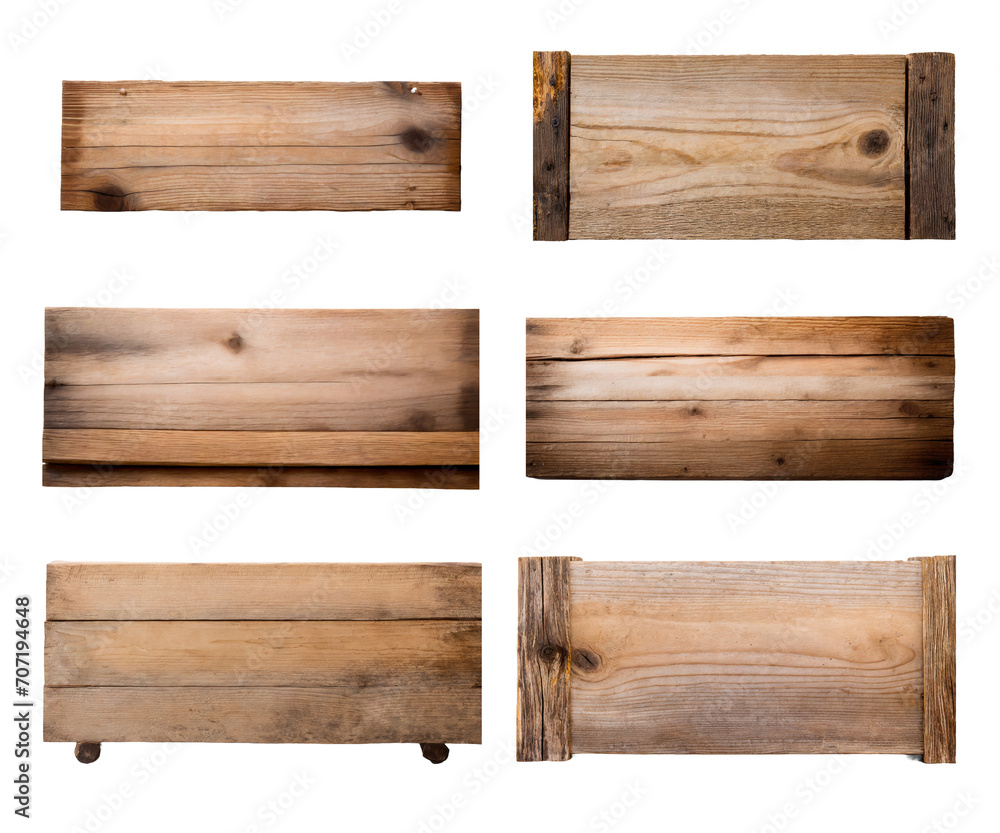 Obraz premium Collection of blank rustic wooden signs with copy space, isolated on transparent background.