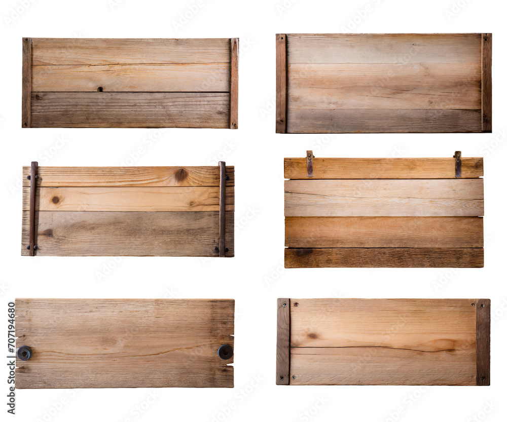 Collection of blank rustic wooden signs with copy space, isolated on transparent background. 