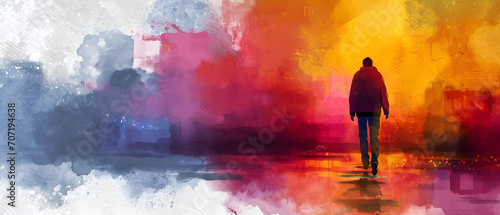 A vibrant abstract painting captures the essence of a person standing amidst a colorful outdoor backdrop, creating a dynamic display of art and self-expression