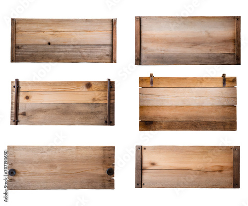 Collection of blank rustic wooden signs with copy space, isolated on transparent background.  © paulmalaianu
