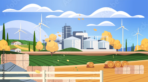 Industrial building of zero-waste production in a field. Cartoon green power vector illustration