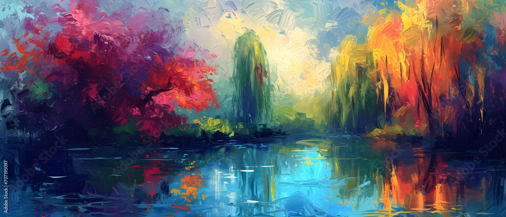 A serene blend of acrylic paint and modern art, this abstract landscape painting captures the peaceful reflection of trees and water in an outdoor lake setting - obrazy, fototapety, plakaty 