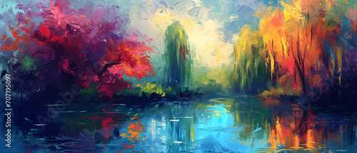 A serene blend of acrylic paint and modern art, this abstract landscape painting captures the peaceful reflection of trees and water in an outdoor lake setting photo