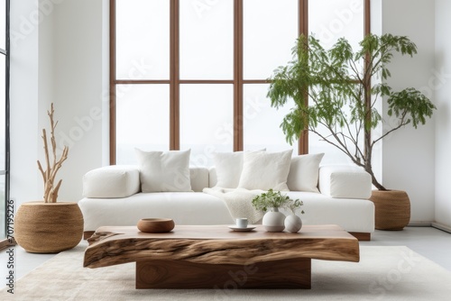 Living Room With White Couch and Wooden Coffee Table. Scandinavian home interior design of modern living home.
