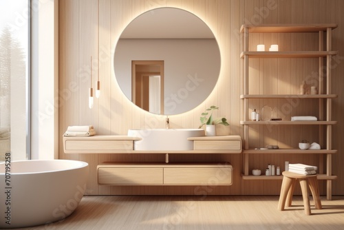 White Bath Tub Next to Sink in Simple Bathroom. Scandinavian home interior design of modern living home.