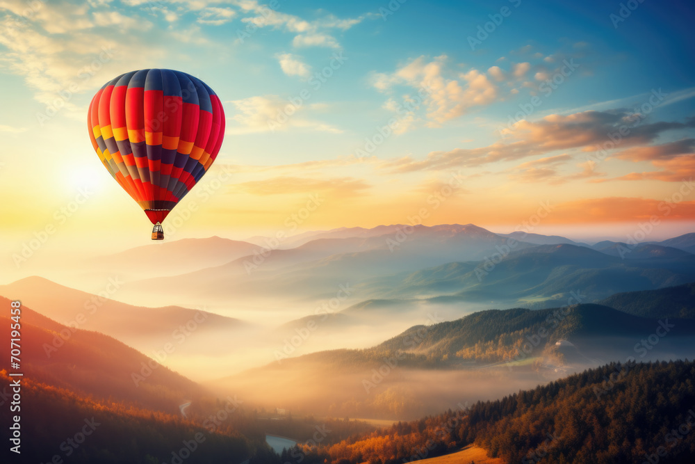 Hot Air Balloon Flight at Sunrise Over Mountains Hot Air Balloon Flight at Sunrise Over Mountains