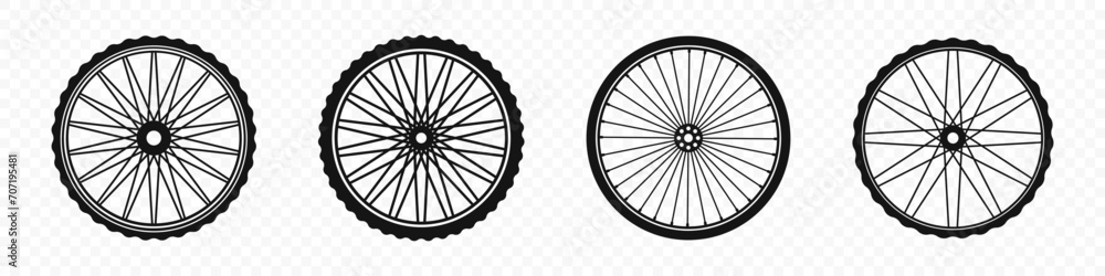 Bicycle wheels. Bicycle wheel silhouettes. Bike tyres set.