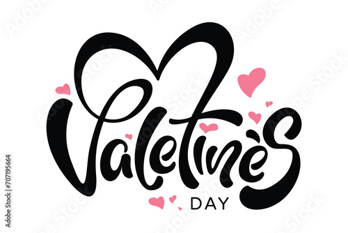 Valentine's Day Text Design, Vector Black and white, Handwriting, Banner With Pink Heart