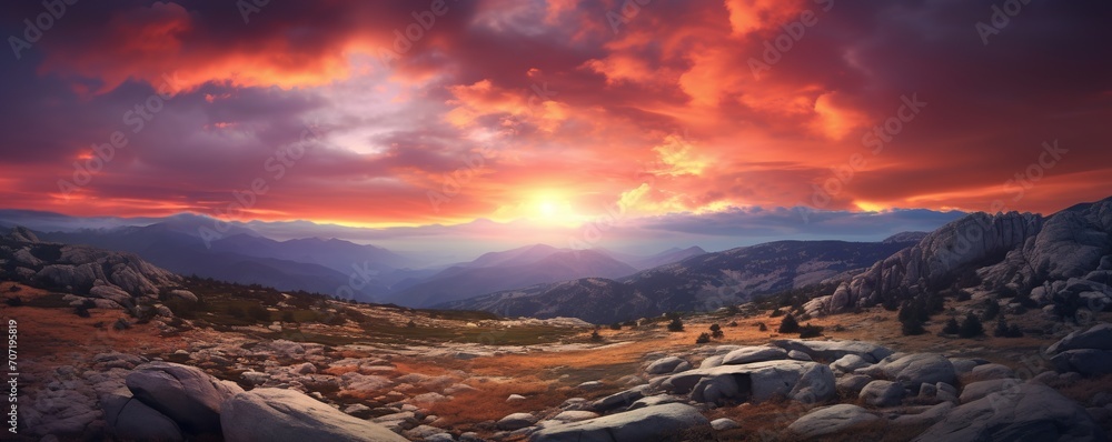 view of the mountains at sunset with a beautiful orange sky