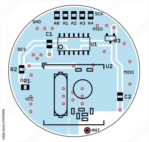 Vector round printed circuit board of electronic 
device with components of radio elements, 
conductors, contact pads placed on it. 
Engineering technical drawing. Pcb pattern. 
Electric background. 