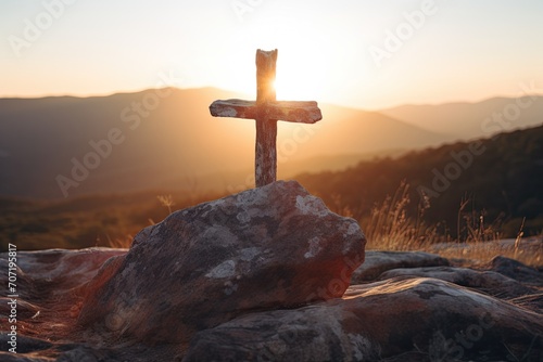 At the break of dawn, a rustic wooden cross stands firm, symbolizing faith, hope, and the spiritual journey, ideal for religious and inspirational themes