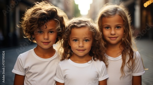 Three children standing outdoor in plain t-shirts