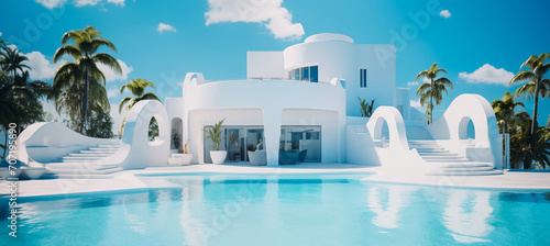 Large family villa in Miami, Bali or Cyprus. White family nest for a luxury vacation with a large pool outside. Large white house in the tropics with palm trees. Dream home. High quality photo