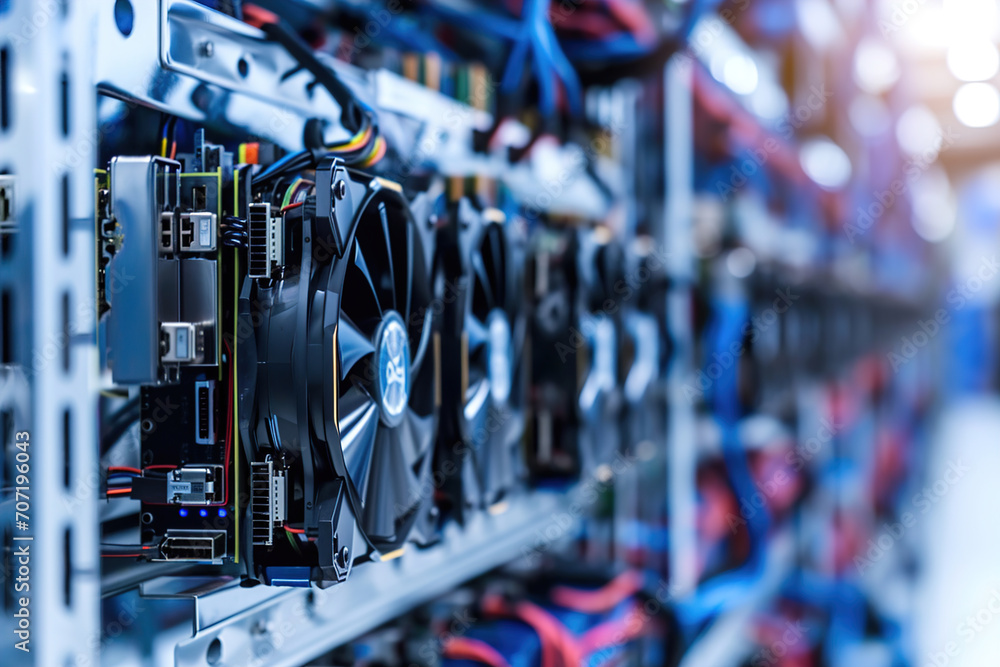 Cryptocurrency mining rigs with powerful GPUs. Colorful illuminated video cards. Cryptocurrency mining rigs with powerful GPUs. Colorful illuminated video cards.